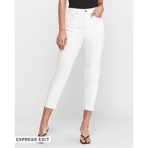 EXPRESS Super High Waisted White Raw Hem Mom Jeans